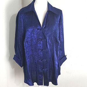 Sara Michelle Metallic Dark Blue Blouse, 5 Brandenburg Button Fasteners,Size 1X